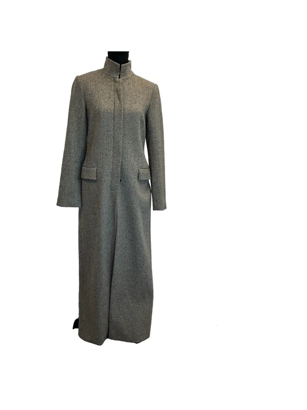 Theory wool high neck hidden button long maxi coat Front back slit Sz S